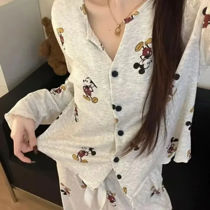 Potdemiel Mickey Women's Pajama Set Autumn, Korean Style Long Sleeve Loungewear, Premium Cotton Sleepwear with Pants