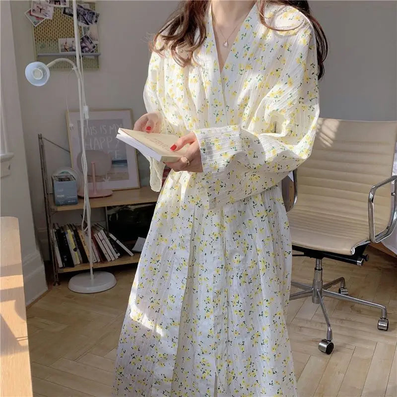 Korean Style Floral Pajamas Spring and Summer Sweet Bow Tie Pajama Girl Long Sleeved Trousers Student Dormitory Home Clothes Hot
