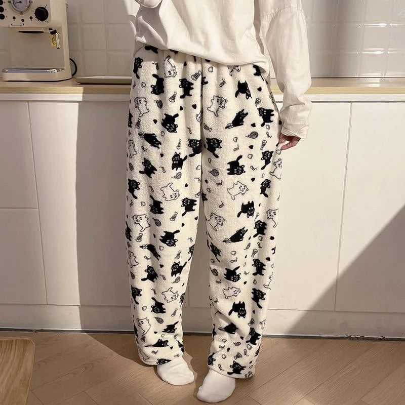 Black Cat Cartoon Pajamas Pants Kawaii Christmas PJS Korean Women Winter Warm Fluffy Flannel Sleepwear Girls Cute PJ Pants