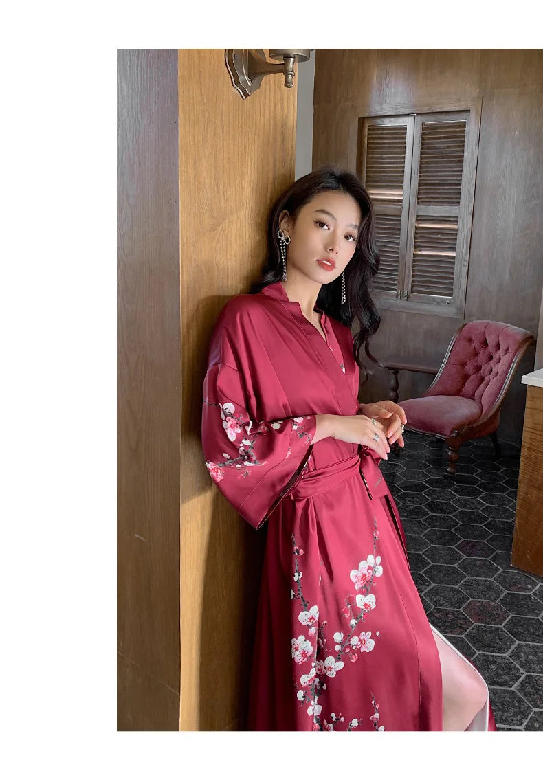 New Spring Summer Female Long Robe Nightgown Sexy Print Flower Kimono Bathrobe Gown Casual Silk Satin Home Dress Lounge Wear