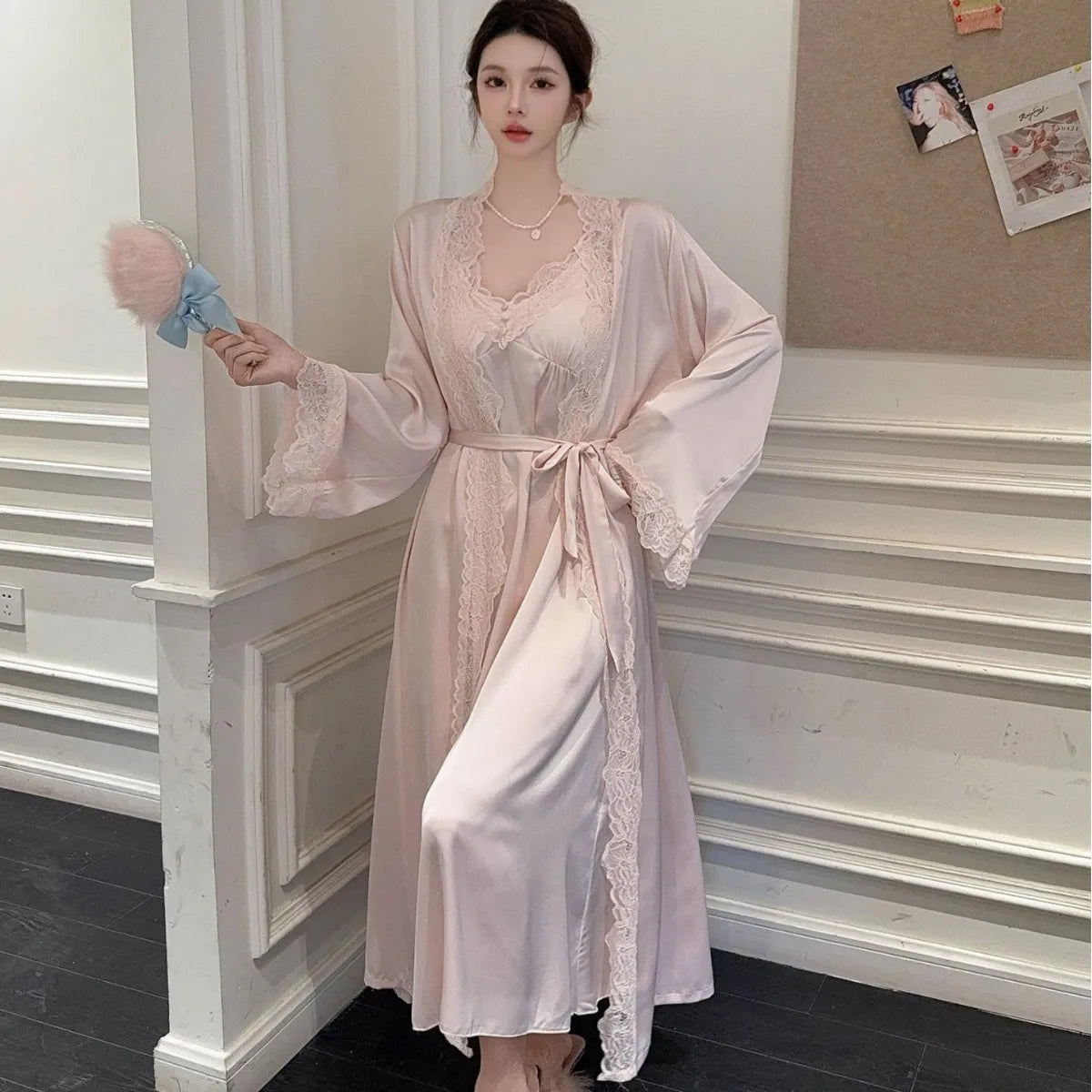 2025New Long Sweet Blue Robe Set Women Elegant Bathrobe Rayon Kimono Sexy Lace Floral Home Dressing Gown Princess Loungewear