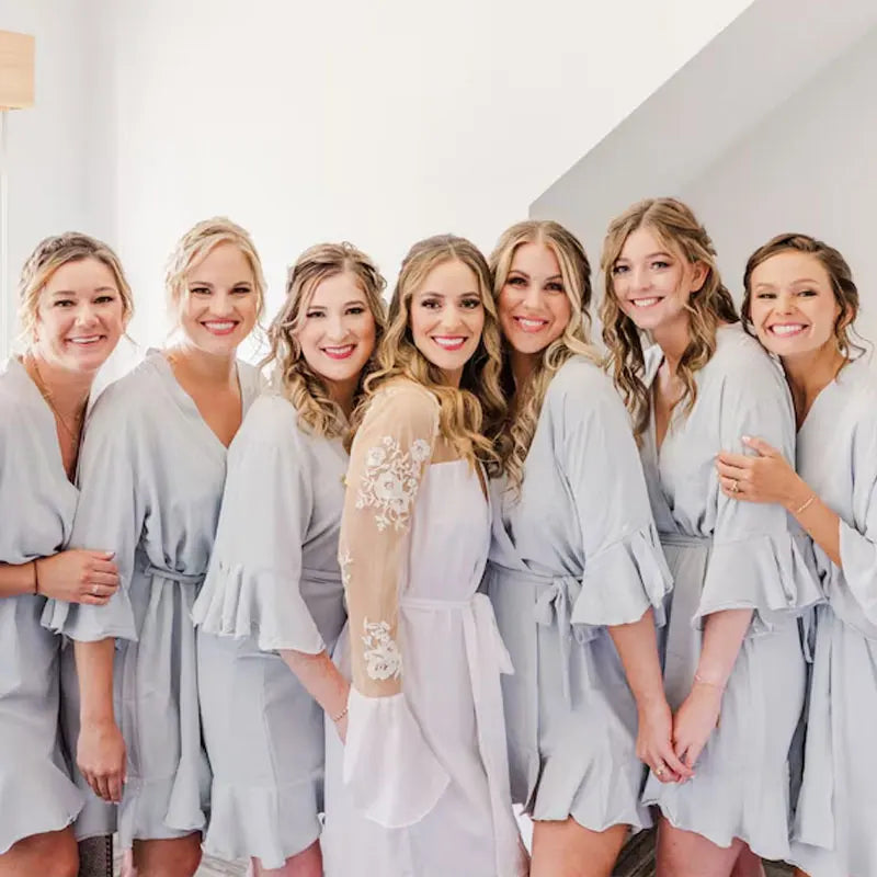 Personalized Bride Bridesmaid Robes Chiffon Ruffle Trim Kimono Birth Flower Ruffle Robe Set Bridal Shower Proposal Dressing Gown