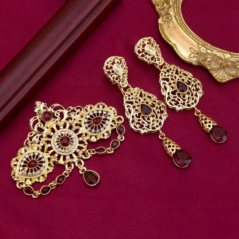 Sunspicems Gold Color Moroccan Jewelry Caftan Brooch Earring Sets For Women Chic Arabic Bridal Ethnic Wedding Bijoux Party Jewel