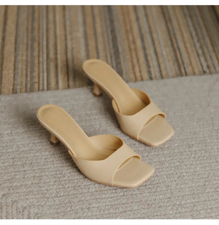 Genuine Leather French Slim Heel Slippers for Women's Summer New Fashionable Sandals Women Sweet Round Toe Slipper Ladies Shoes