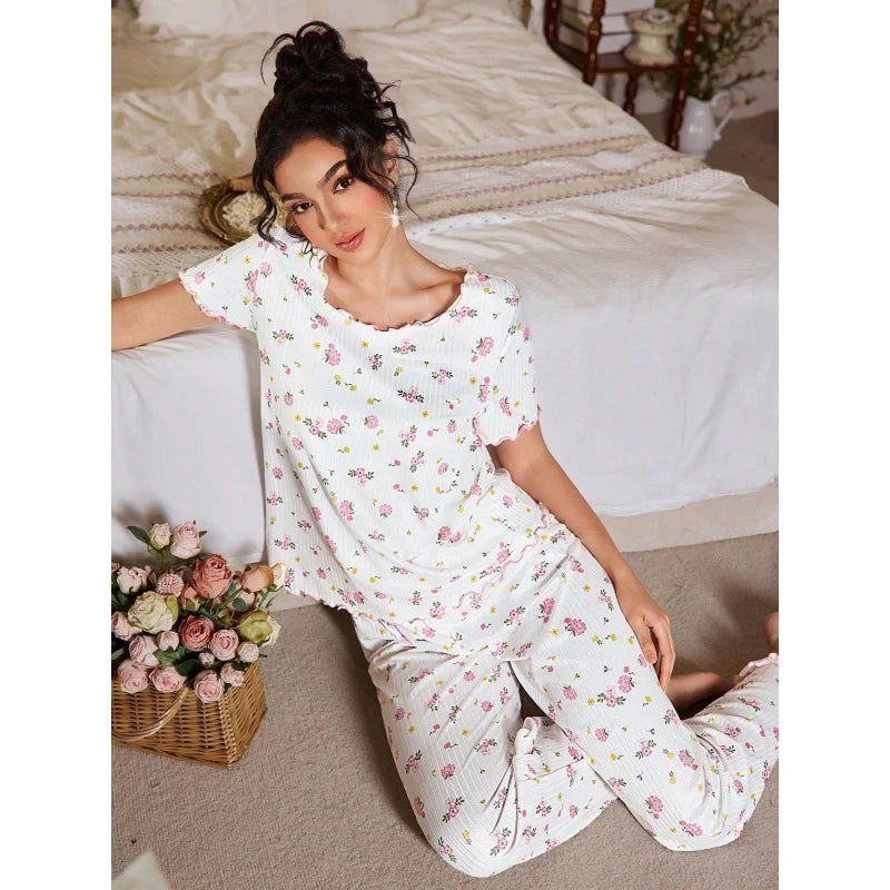 New European and American style loose-fitting women's pajamas, floral short-sleeved long pants home wear, casual two-piece set s