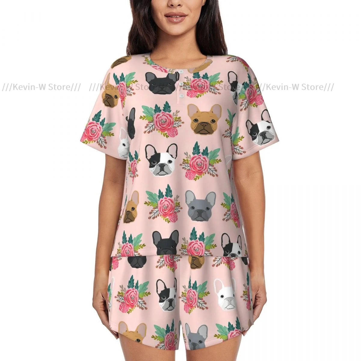Women Pajamas Set Short Sleeve French Bulldog Flowers Florals Dog Sleepwear Loungewear for Summer Nightwear