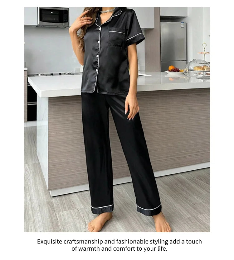 Women Pajamas Sets Spring Short Sleeve Satin Button-Down Top with Pants 2 Piece Pajama Set Sleepwear Pj Set Homewear Loungewear