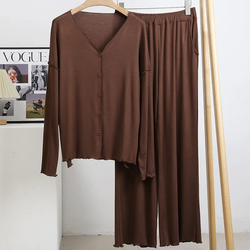 Japanese new style cotton pajamas suit ladies spring and autumn cardigan solid color long-sleeved trousers home service suit