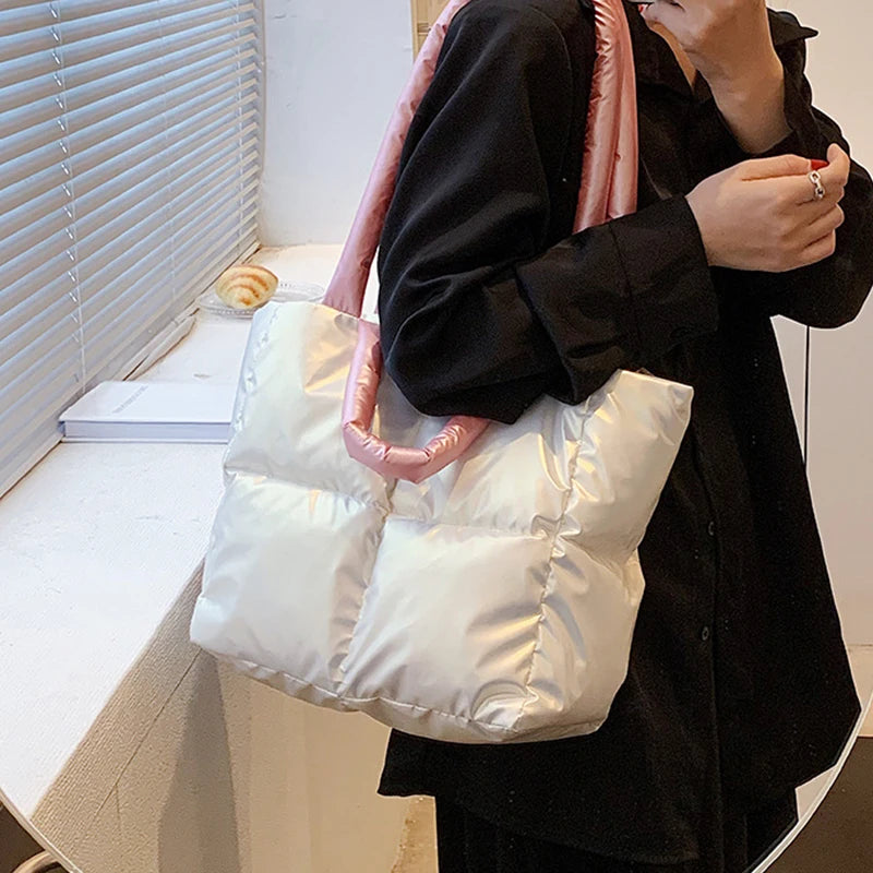 Designer Puffy Shoulder Bag Women Quilted Space Down Feather Padded Cotton Handbag Winter Large Capacity Warm Shopping Purse