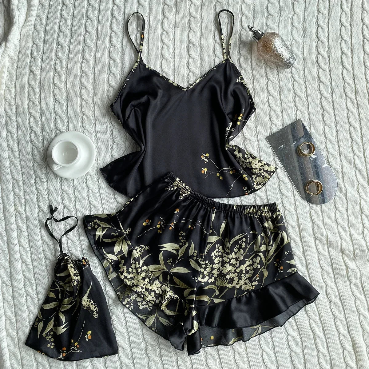 Summer Fashion Pajamas Women Sleepwear 3 Pcs Silk Floral Print Suspenders Tops and Shorts with Hanging Bag Home Wear