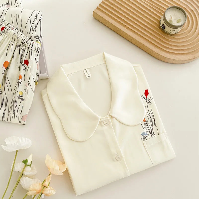 Female 2PCS Pajamas Set Spring Summer Print Flower Sleepwear Long Sleeve Trouser Suits Sweet Loose Satin Home Clothes Loungewear