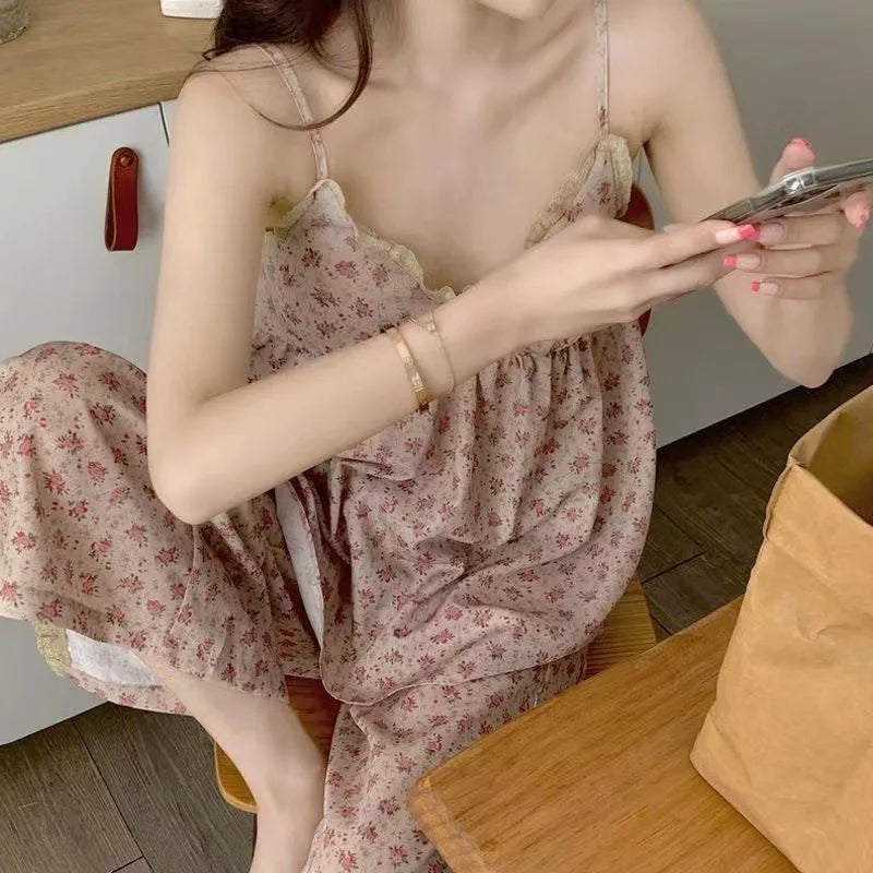 Women's New Pajamas Homewear Set Summer Retro Small Broken Flowers Halter Short-Sleeved Long Pants Thin Pajamas Homewear Set