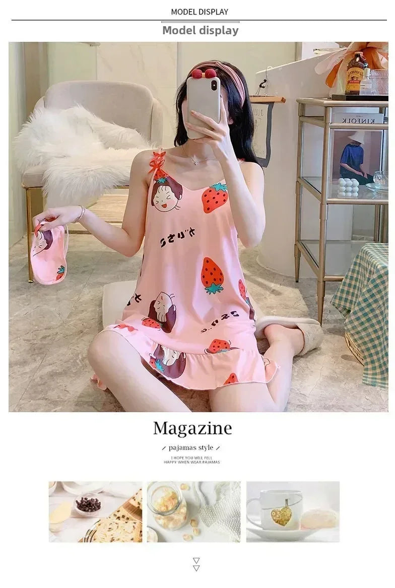 New with Bra Pad, Free Eye Mask, Sling, Loose and Cute Cartoon Animal Pajamas, Nightgown Role-playing Sleepwear Women