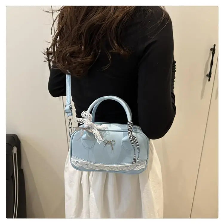 Simple Elegant Handbag Boston Shoulder bag Lace Ribbon Bow Decor Crossbody Bag Small Square Bag Casual Women Bags ﻿
