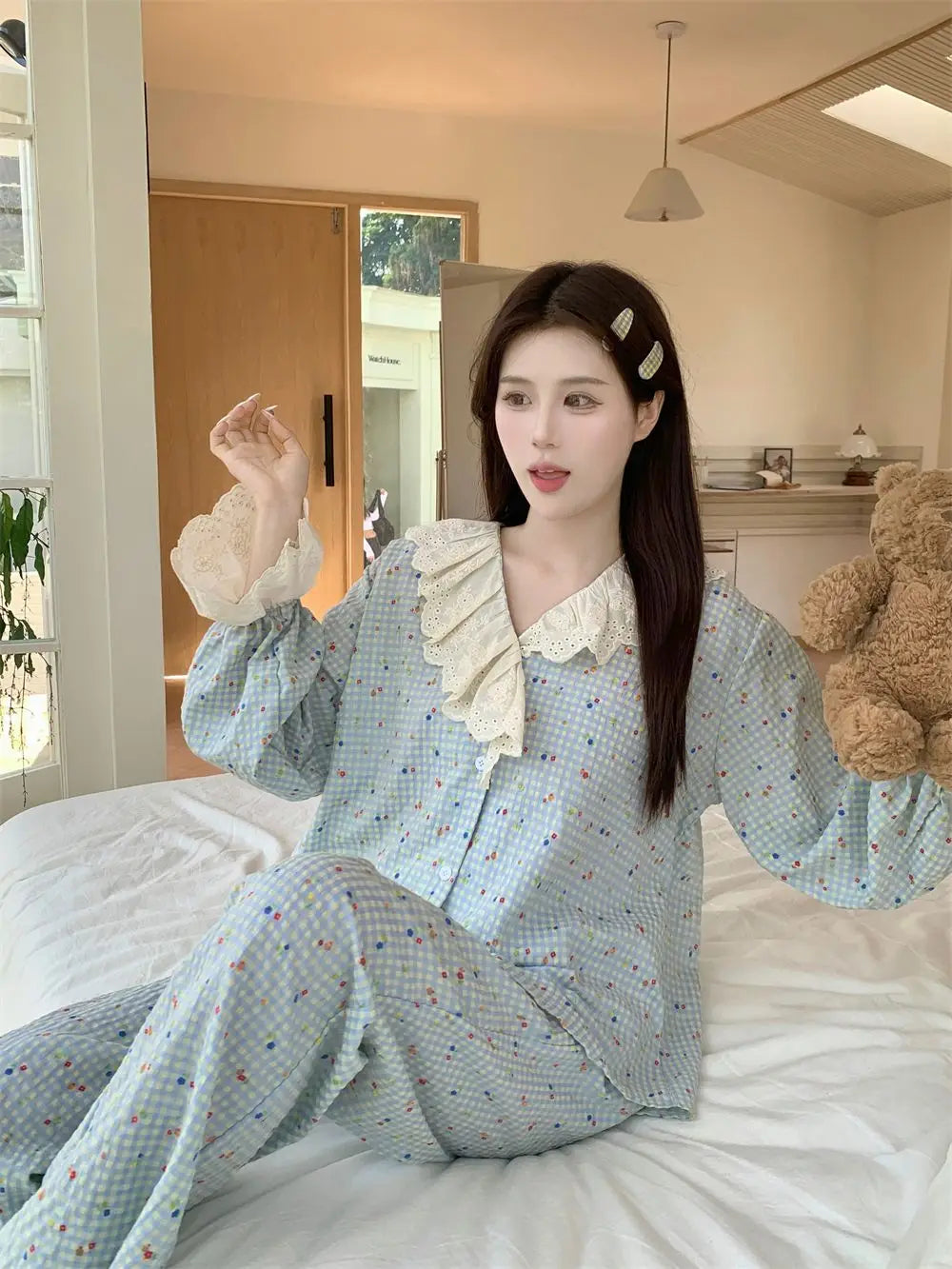 Korean Style Sweet Style Floral Pajamas for Women New Long Sleeve Long Pants Lace Trim Homewear Set Autumn Winter Loungewear Hot