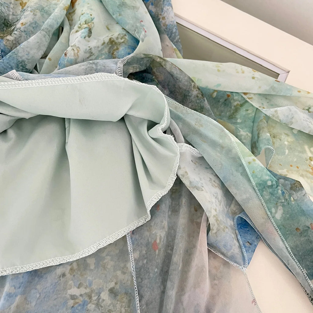 2025 Elegant Halter Neck Ruffled Maxi Dress Women Blue Green Floral Print Bohemian Design Beach Vacation Casual Party Dress New
