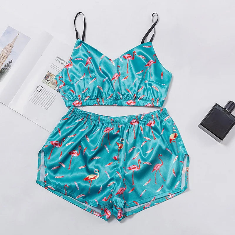 Cute Summer 2 Piece Set Women's Sexy Sleepwear Casual Satin Pajamas Female Cartoon Print Sleeveless Nightwear Homewear