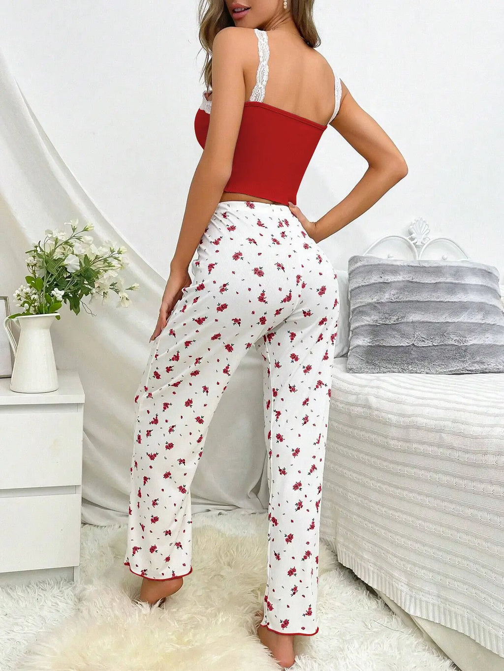 2PCS Pajamas Sets Women Sleepwear Autumn Winter Sleeveless Casual Floral Printed Tops and Trouses Homewear Loungewear