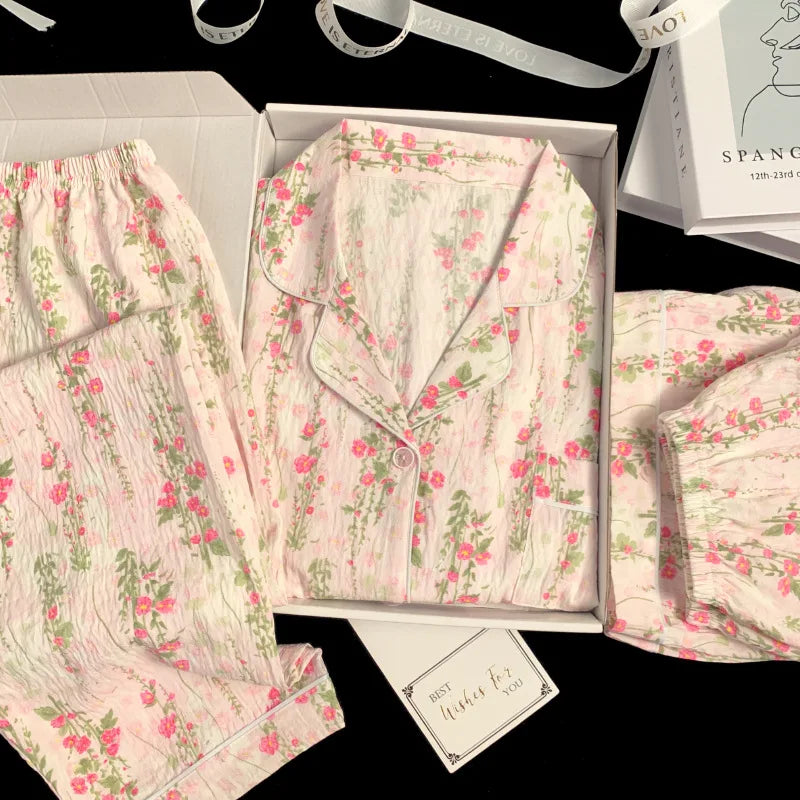 Spring/Summer Sweet & Cute Floral Cotton Pyjamas for Girls Three-Piece Homewear Set Student Casual Sleepwear Homewear Ensemble