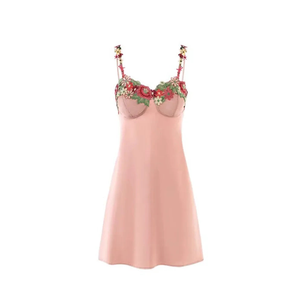 Flower Embroidery Women's Pajama Dress Sleeveless Thin Satin Silk Suspender Nightdress Sleepwear Beauty Back