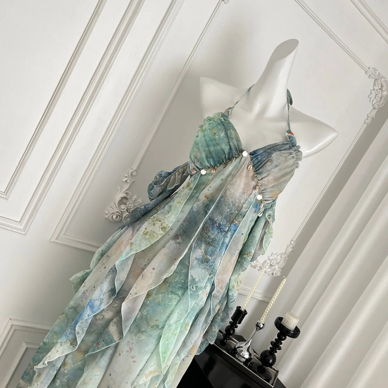 2025 Elegant Halter Neck Ruffled Maxi Dress Women Blue Green Floral Print Bohemian Design Beach Vacation Casual Party Dress New