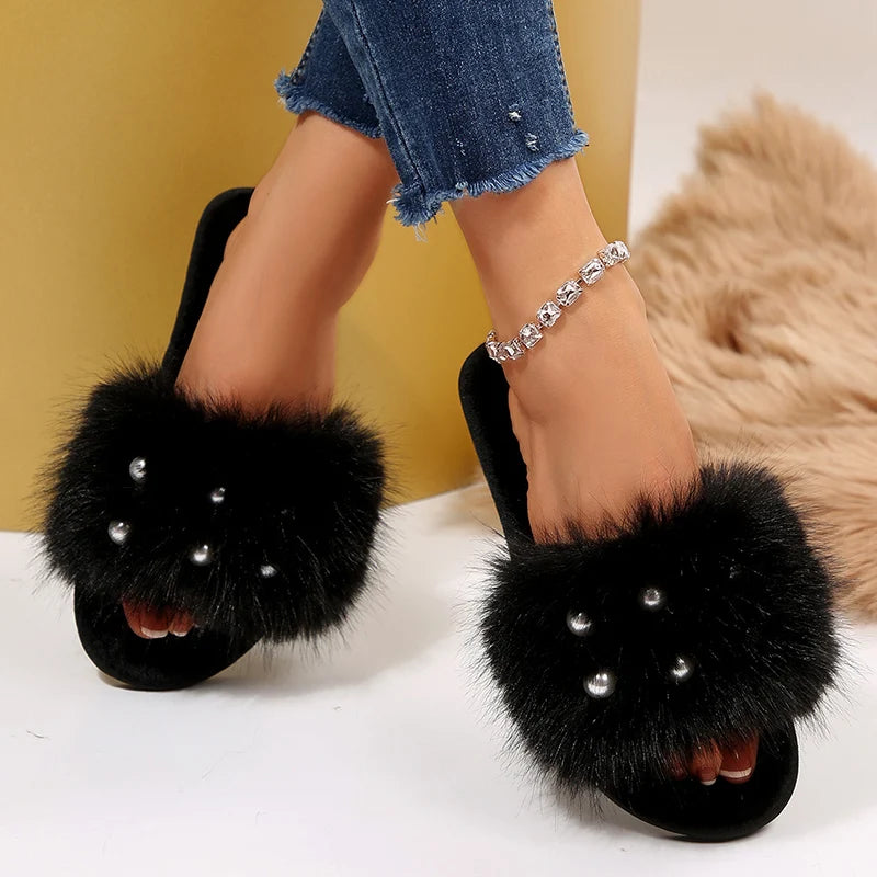 Elegant Pearls Cotton Slippers Women 2025 Winter Indoor Plush Home Slides Woman Open Toe Soft Sole Cotton Slippers Ladies