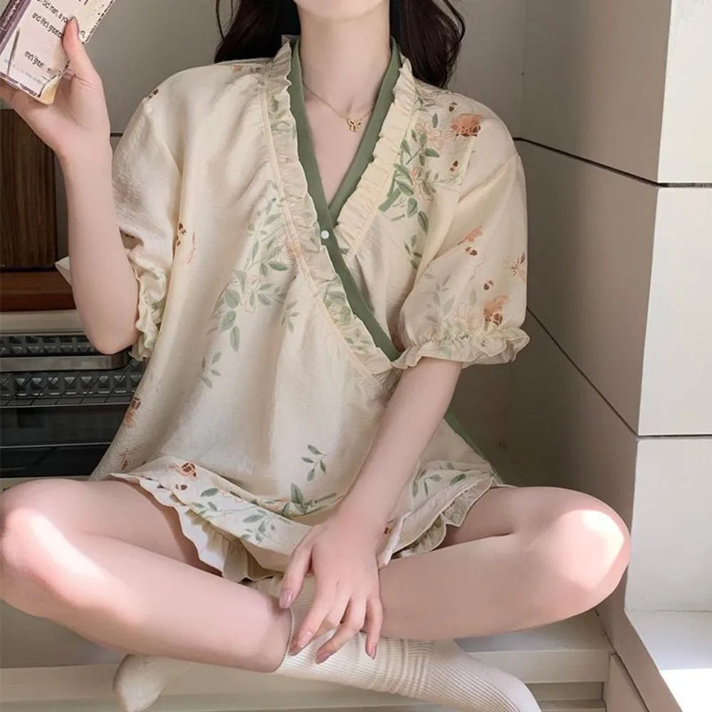 New Chinese Style Lace Up Pajama Suit Flower Reffle Shorts Sleeve Nightwear Women Homewear Loose Two Pieces Sleepwear Sets Home