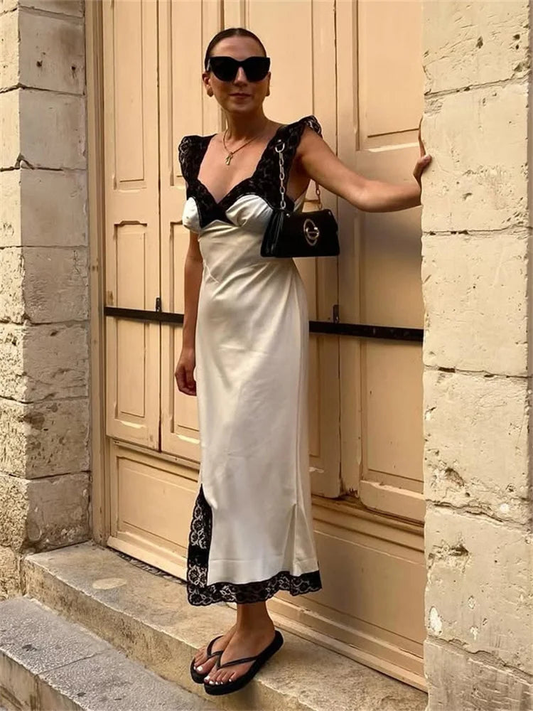 Tossy Fashion Satin Lace Long Dress Women V-Neck Patchwork Hollow Out Sleeveless Lace-Up Dress Evening Female Autumn Maxi Dress
