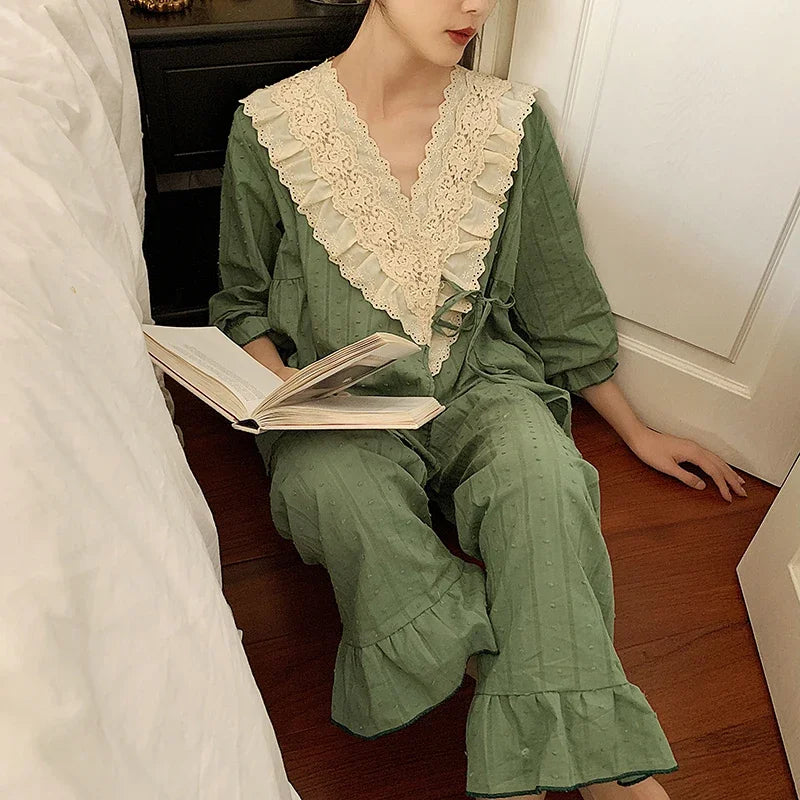 3 Colors Women's Princess Flower Embroidered Lace Pajama Sets.Vintage Lace up Pyjamas Suit.Ladies Home Sleepwear Nightclothes