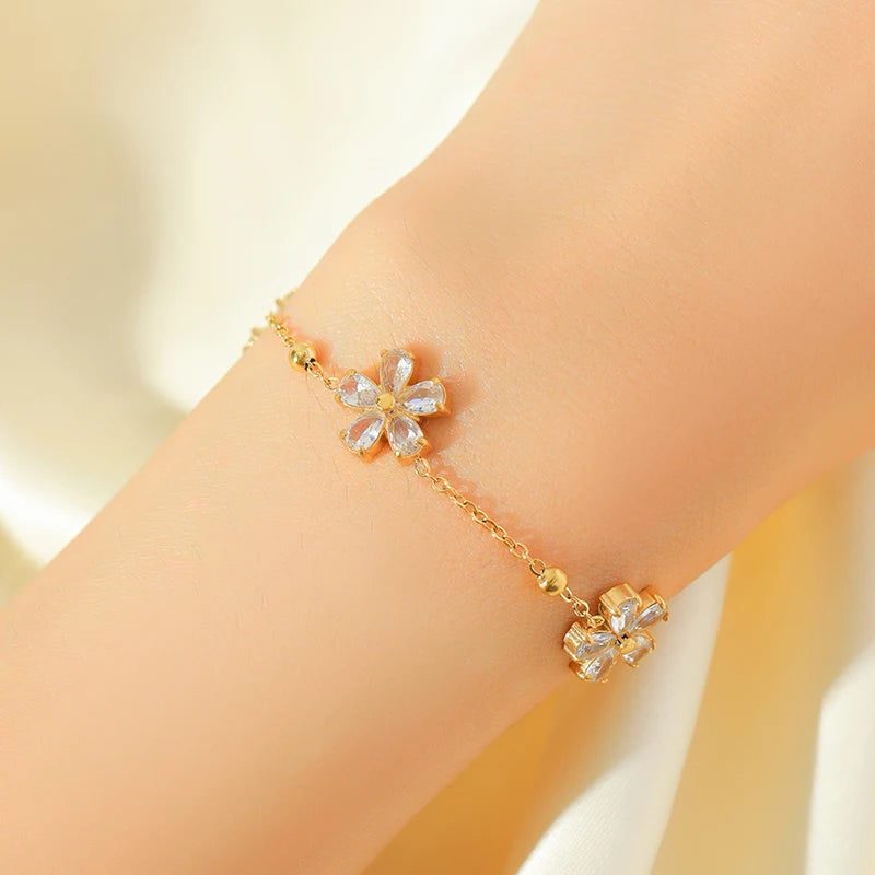 GANEMLY 316L Stainless Steel Round Sparkling Zirconia Bracelet For Women Fashion Fine Wrist Chain Waterproof Jewelry Lady Gift