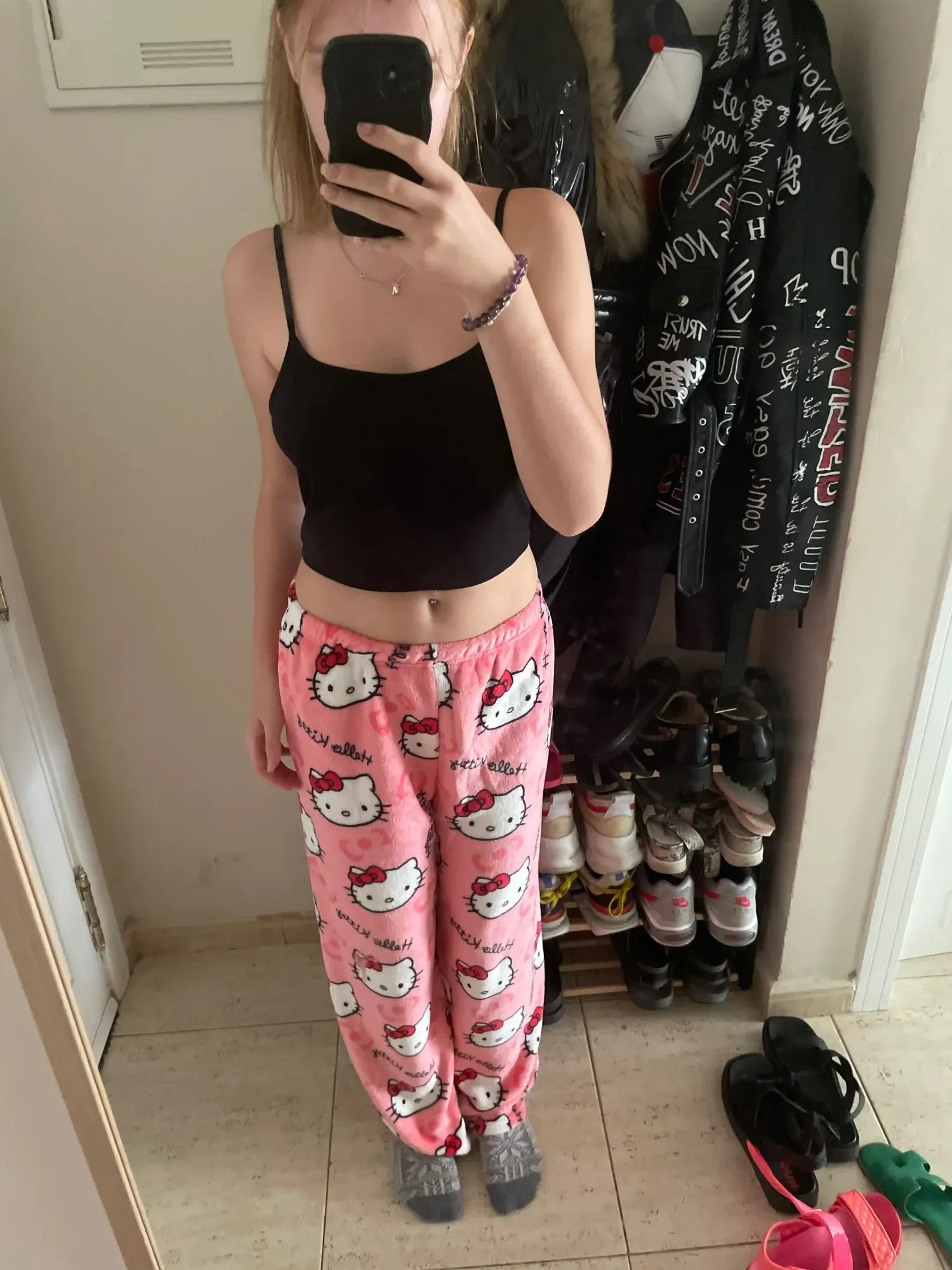 Y2K Hello Kitty pajamas anime women's pajamas cartoon couple walking home pajamas trousers casual homewear