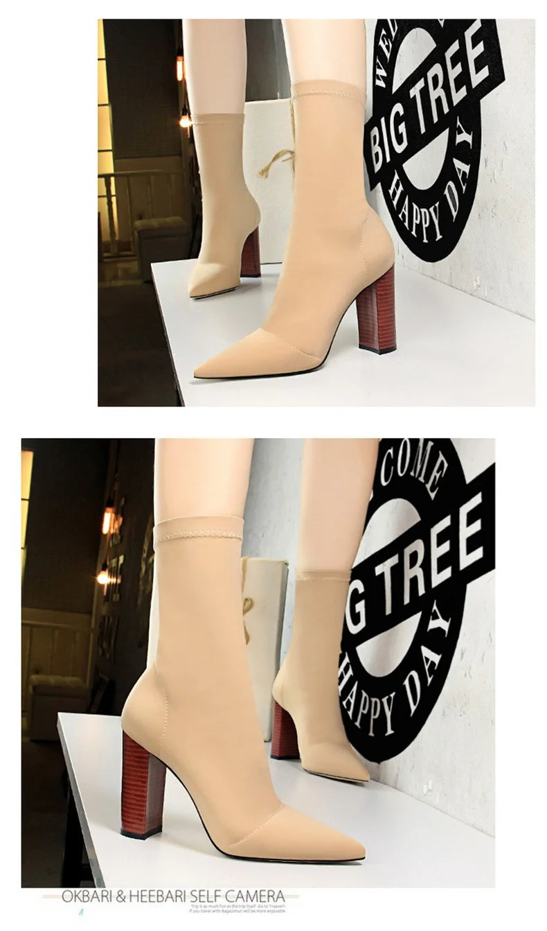 Mid-Calf Boots 2024 New Women Stretch Sock Boots Chunky Block Heels High Heels Silk Shoes Solid Color Short Boots Autumn 3129-3