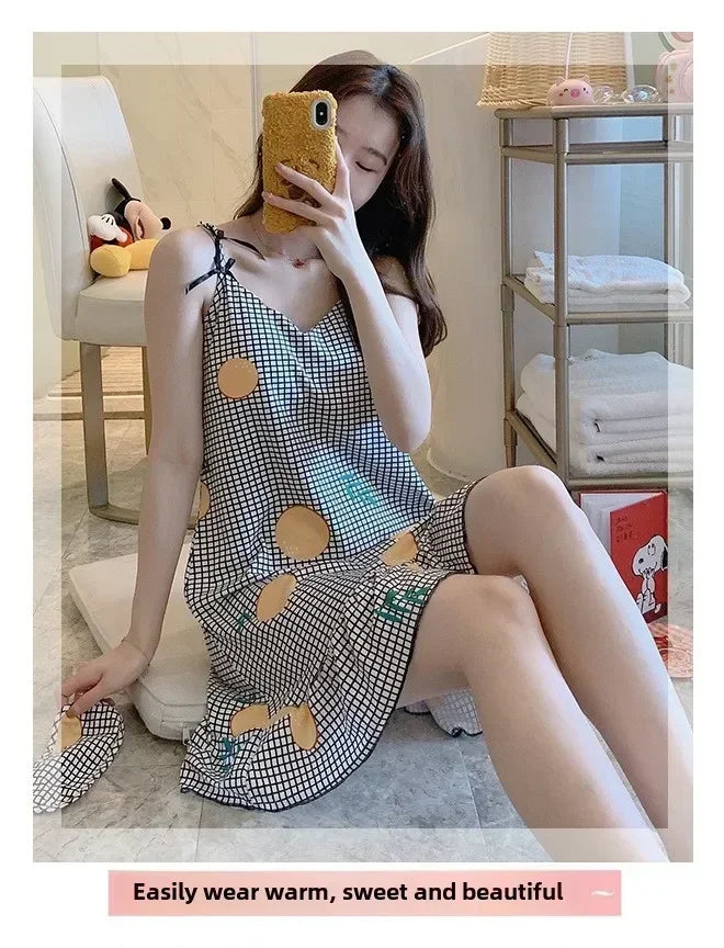 New with Bra Pad, Free Eye Mask, Sling, Loose and Cute Cartoon Animal Pajamas, Nightgown Role-playing Sleepwear Women
