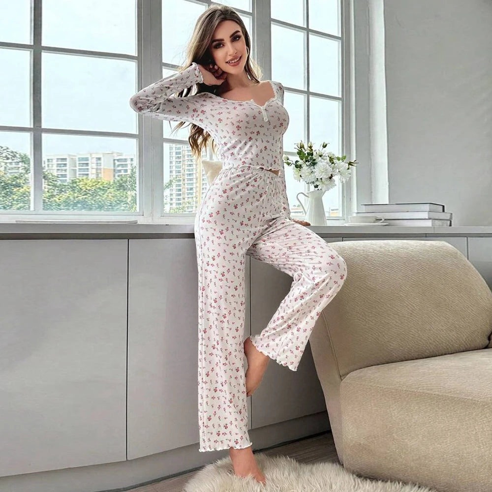 Women Sexy Floral Print Pajama Sets Soft Comfortable Long Sleeve Top and Pants Loungewear Sleepwear Two Piece Set Homewears