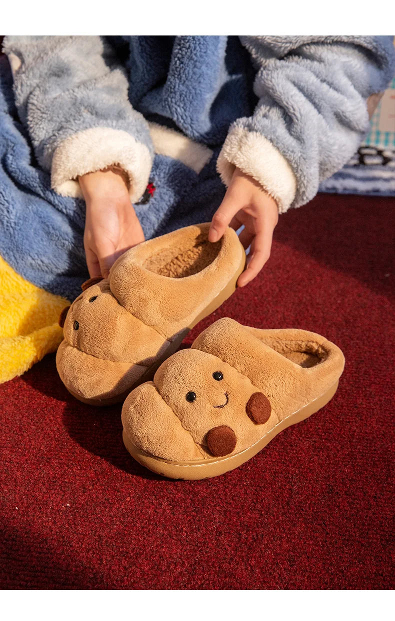 Cute Cartoon Fluffy Slippers For Women Men Winter House Shoes Furry Croissant Bread Style Anti-slip Couples Home Cotton Slides