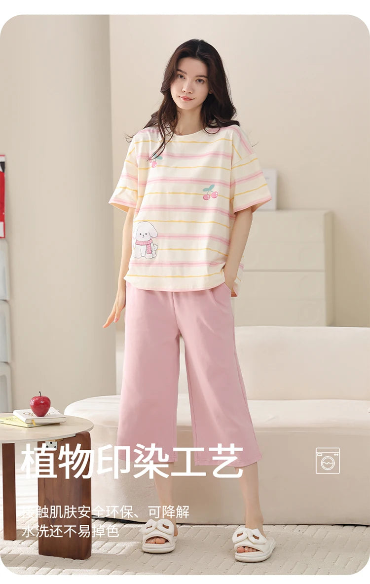 MiiOW 2Pcs Summer Women's Pajamas Set Cotton Short Sleeve Woman Homewear Cute Pink Patchwork Print Girls Pajamas Woman Sleepwear