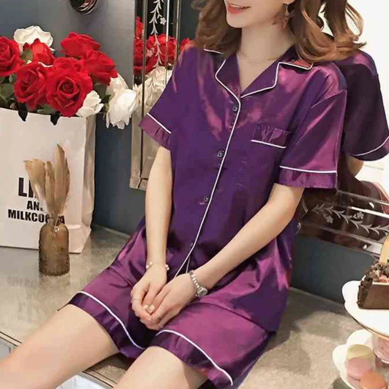 Women Silk Satin Pajamas Set Two-piece Pj Sets Sleepwear Loungewear Button-Down Pajama Women 2 Piece Pijama Homewear Shorts Set