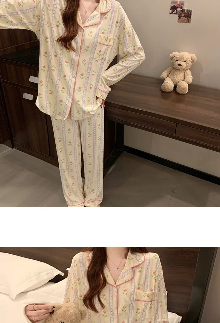 Spring and Autumn New Women's Fresh Flowers Long-Sleeved Pajamas Homewear Suit Leisure Pajamas Thin Section Homewear Pajamas Set