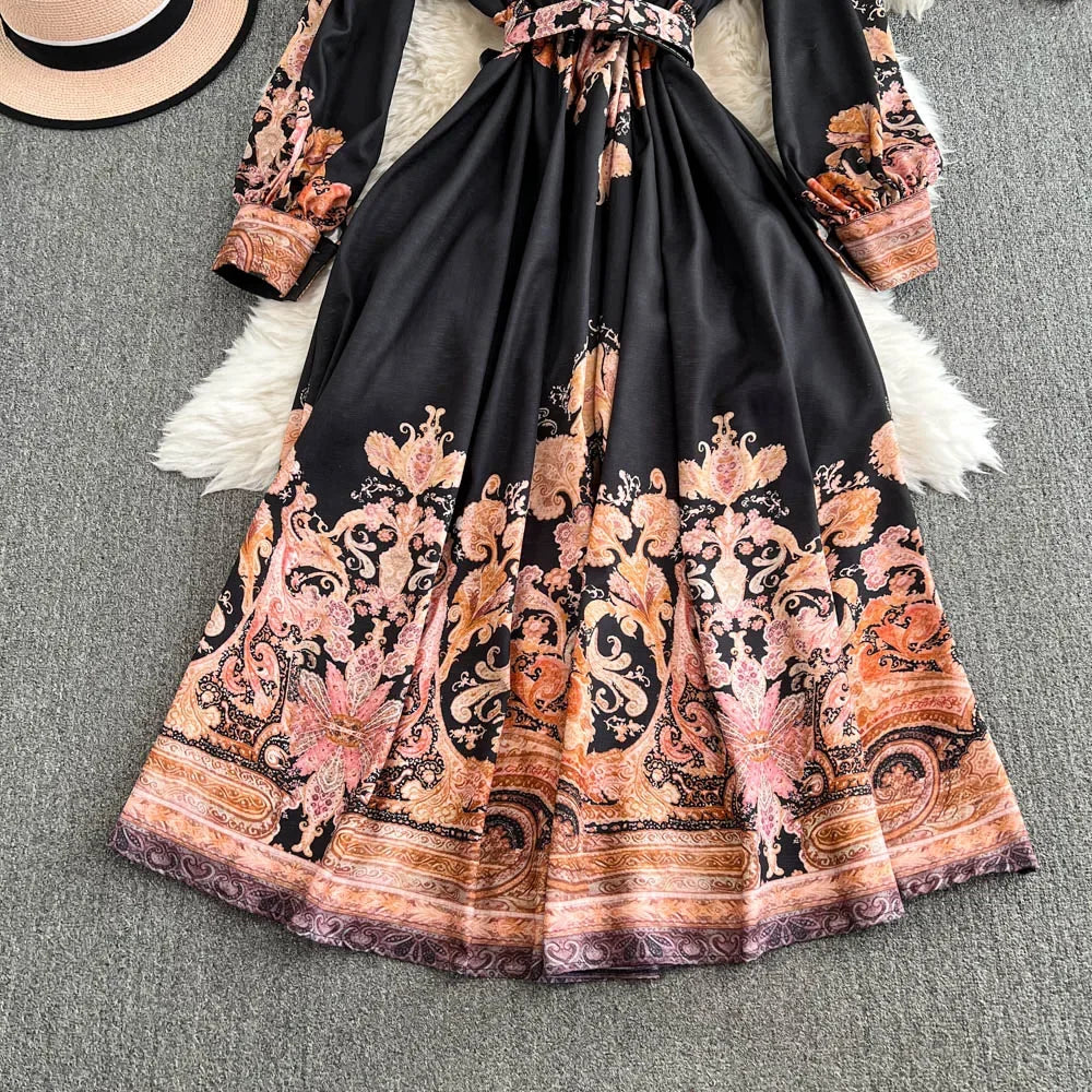 Spring Autumn Retro Palace Style Dress New French Printed Lantern Sleeve Stand Collar A-line Long Dress Femade C110