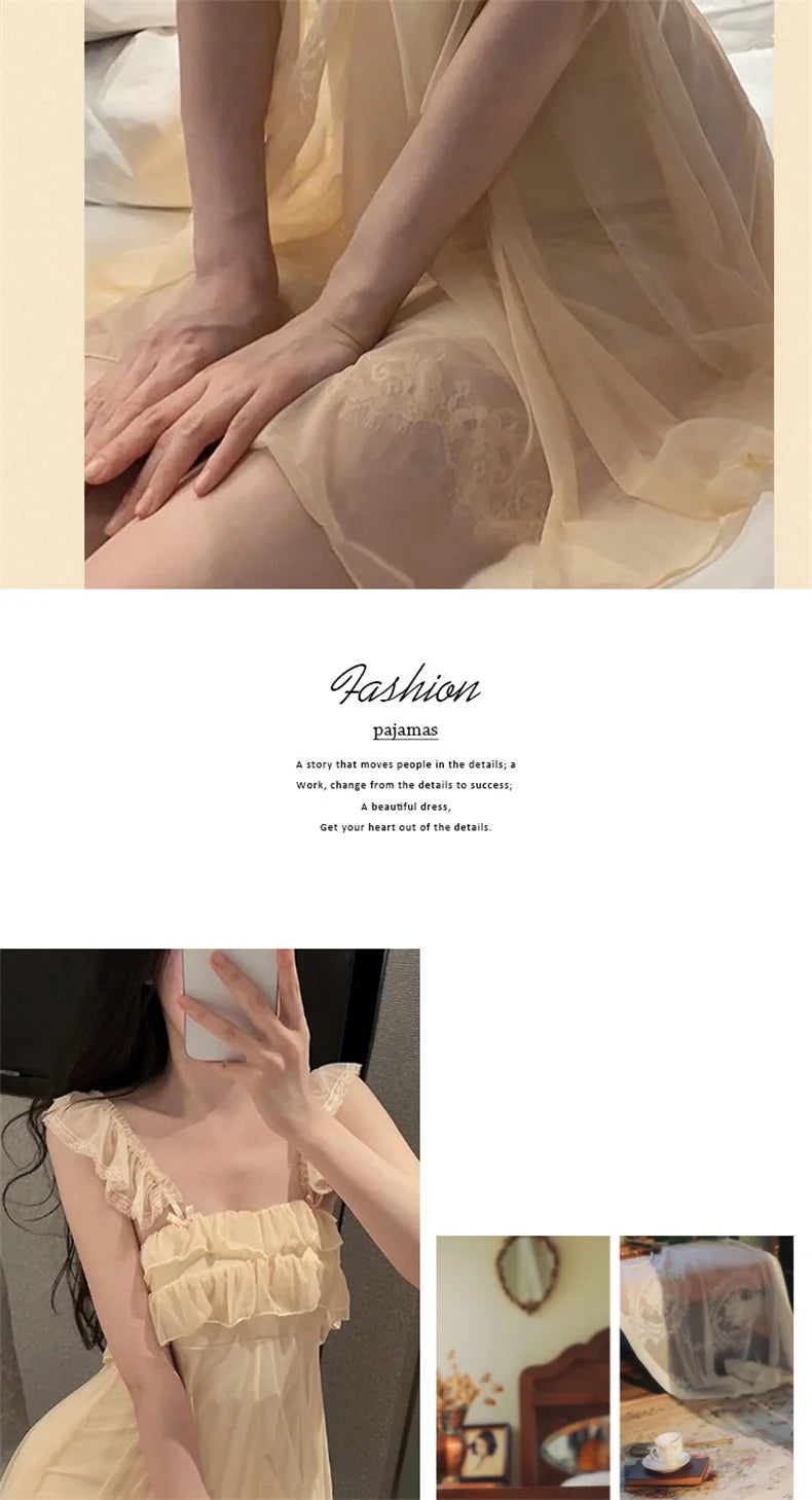 Spring Nightdress Women  Lace Sweet Nightgown Home Dress Pajamas Summer Girl Princess Style Soft Sleepwear Nightwear Outwear
