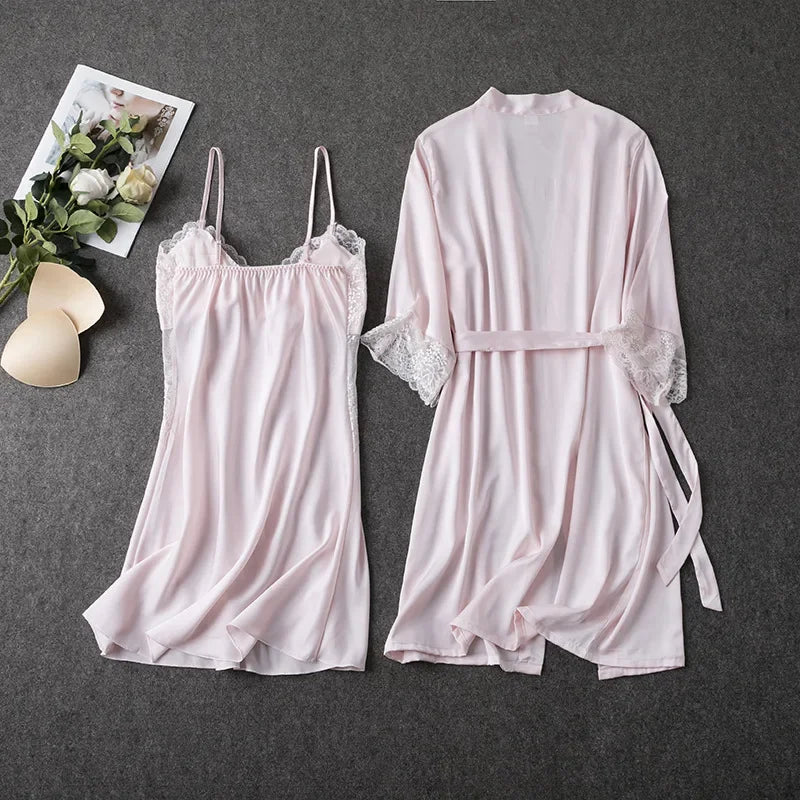 2PCS Pajamas Set White Women V-Neck Sleepwear M-XL Lace Kimono Sexy Nightshirts Flower Nightwear Robe Gown Sleep Suit Nightgown