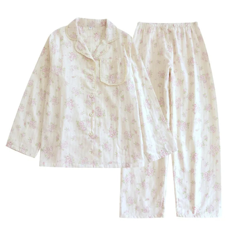 2026 New Spring/Summer Women's Pajama Set 100%Cotton Gauze Fresh Flower Collar Long Sleeve Two Piece Set Thin Loose Home Clothes