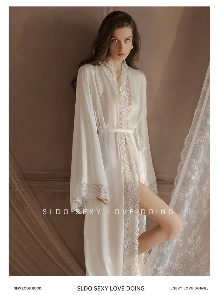 Wedding Bridal Bathrobe Big Lace Flower Nightie Wear Women Satin Kimono Long Loose Peignior Spring Autumn New Intimate Lingerie