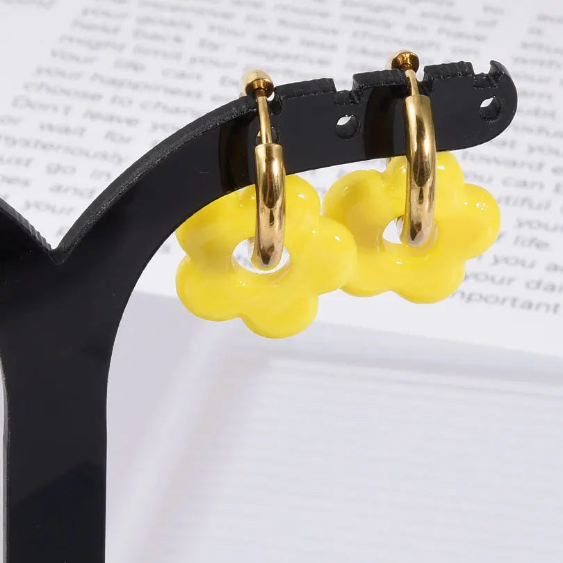 Colorful Flower Glass Drop Charms Earring Gold Color Circle Ear Buckle Hoops Stainless Steel Earrings Fashion Jewelry for Women