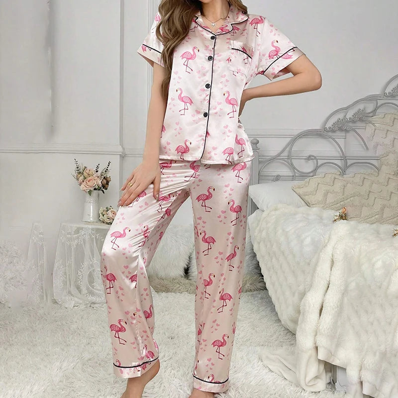 Women Pajamas Sets Spring Short Sleeve Satin Button-Down Top with Pants 2 Piece Pajama Set Sleepwear Pj Set Homewear Loungewear