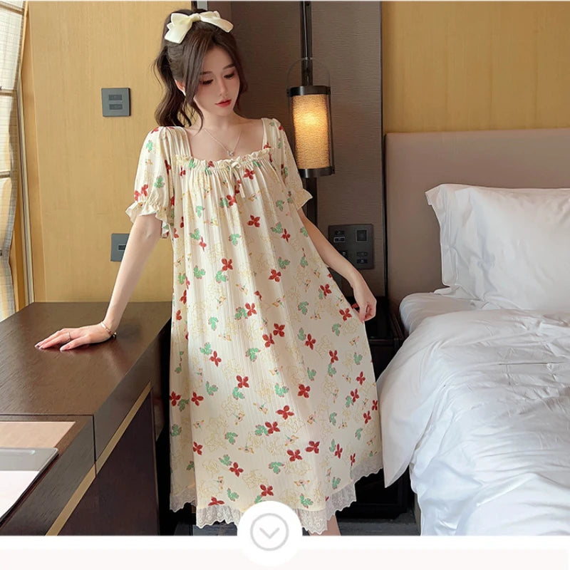 M-5XL Plus Size Sleep Dress for Women Korean Sweet Summer Sleepwear Students Cute Print Nightgown Pajama Sleepshirt Home Clothes