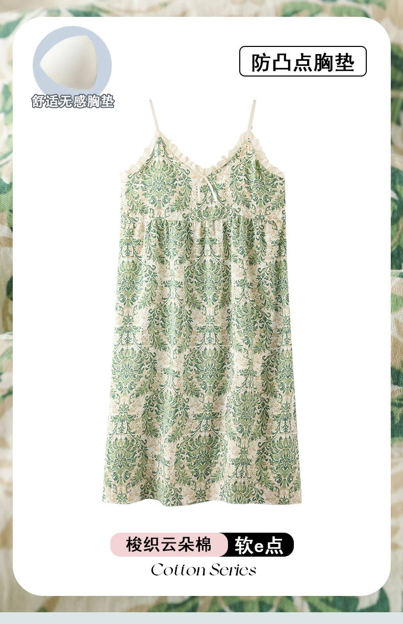 Summer Women Sleeveless Nightdress With Chest Pad Femme Knited Cotton Nightwear Floral Sling Sleepdress