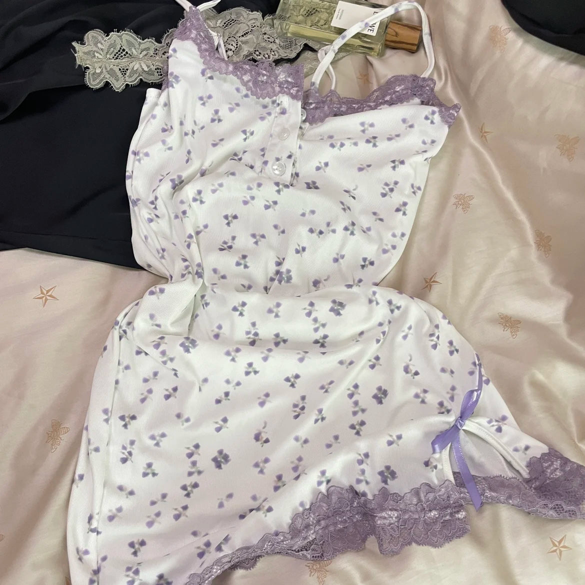 Sexy Floral Nightgowns Women Lace Patchwork Korean Romantic Sleepwear Spaghetti Strap Y2k Bodycon Comfortable Trendy Daily Ins