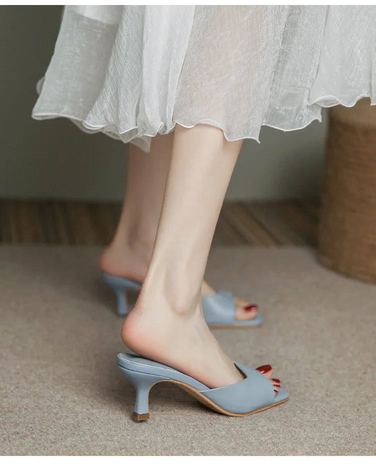 Genuine Leather French Slim Heel Slippers for Women's Summer New Fashionable Sandals Women Sweet Round Toe Slipper Ladies Shoes
