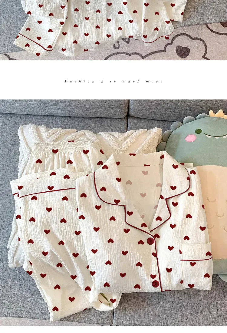Spring and Autumn New Women's Pajamas Loungewear Set Girl Love Cardigan Pajamas Crinkled Fabric Loungewear Long Sleeve Set